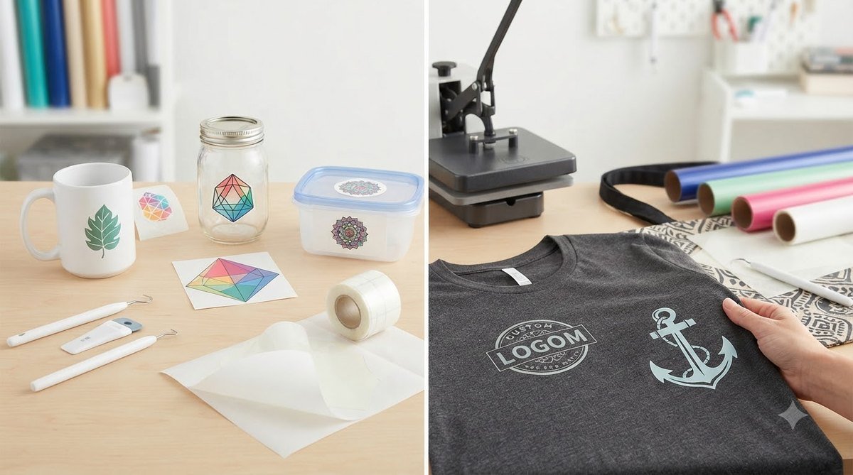 Adhesive vinyl decals on a mug and jar next to a heat transfer vinyl design on a T-shirt