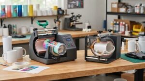 Two automatic tumbler heat presses with printed tumblers and mugs