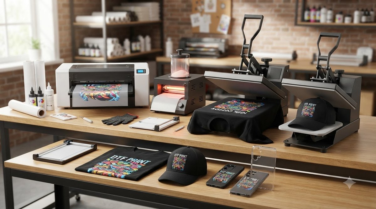 DTF printer with curing oven and two heat presses producing shirts, caps and phone cases