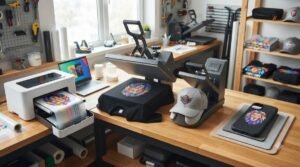 DTF printer, flat heat press, cap press and phone case press in a small studio