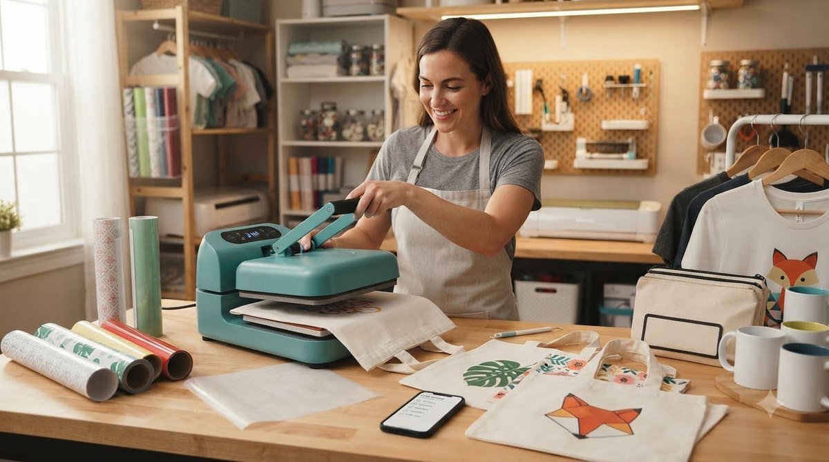 Teal heat press in a home craft room with vinyl rolls, tote bags and mugs