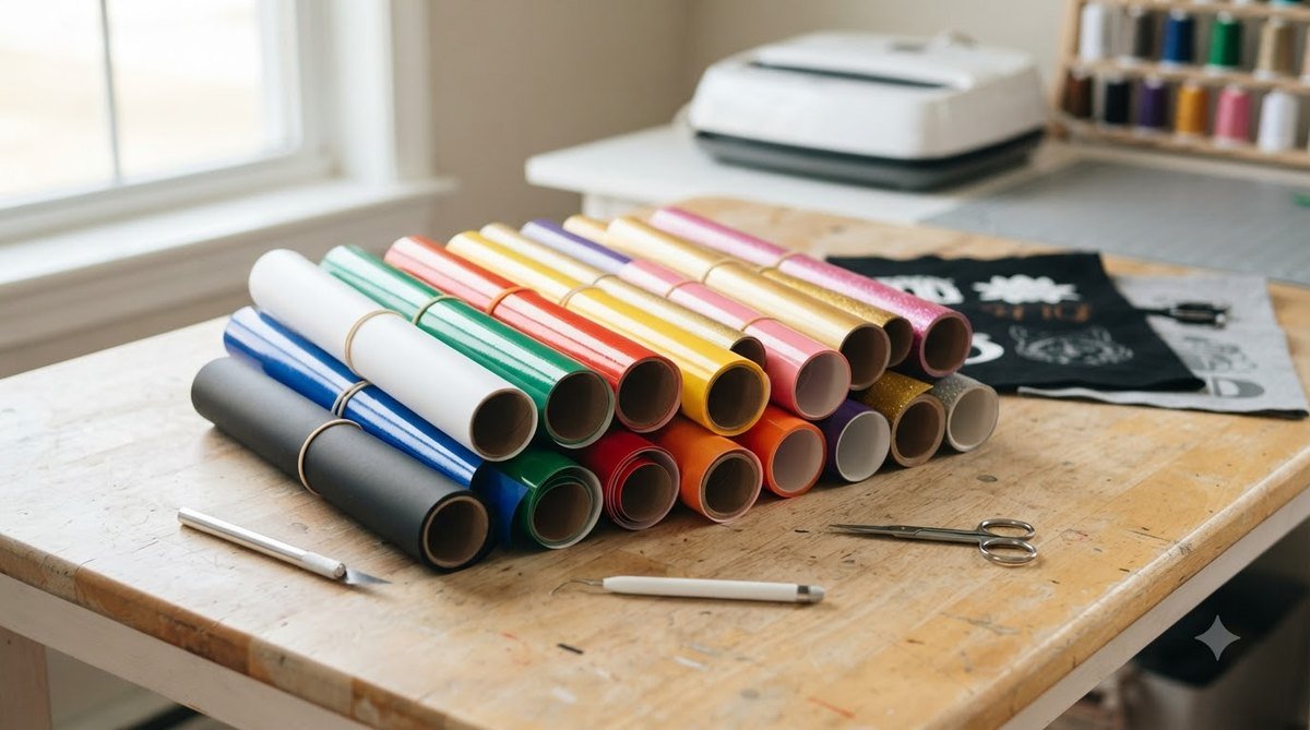 Stack of heat transfer vinyl rolls in many colours with weeding tools on a craft table