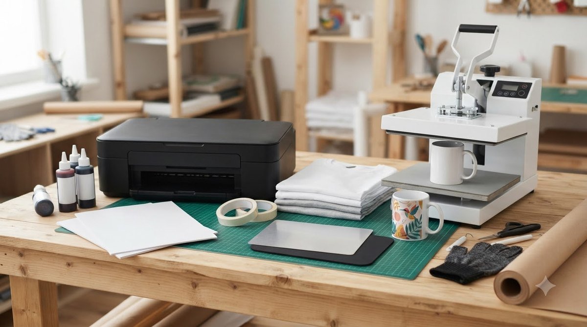 Sublimation paper, heat tape, mug press and blank mugs on a craft workspace