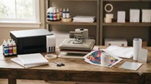 Sublimation printer, heat press, mug, tumbler and blank T-shirt set out on a workbench