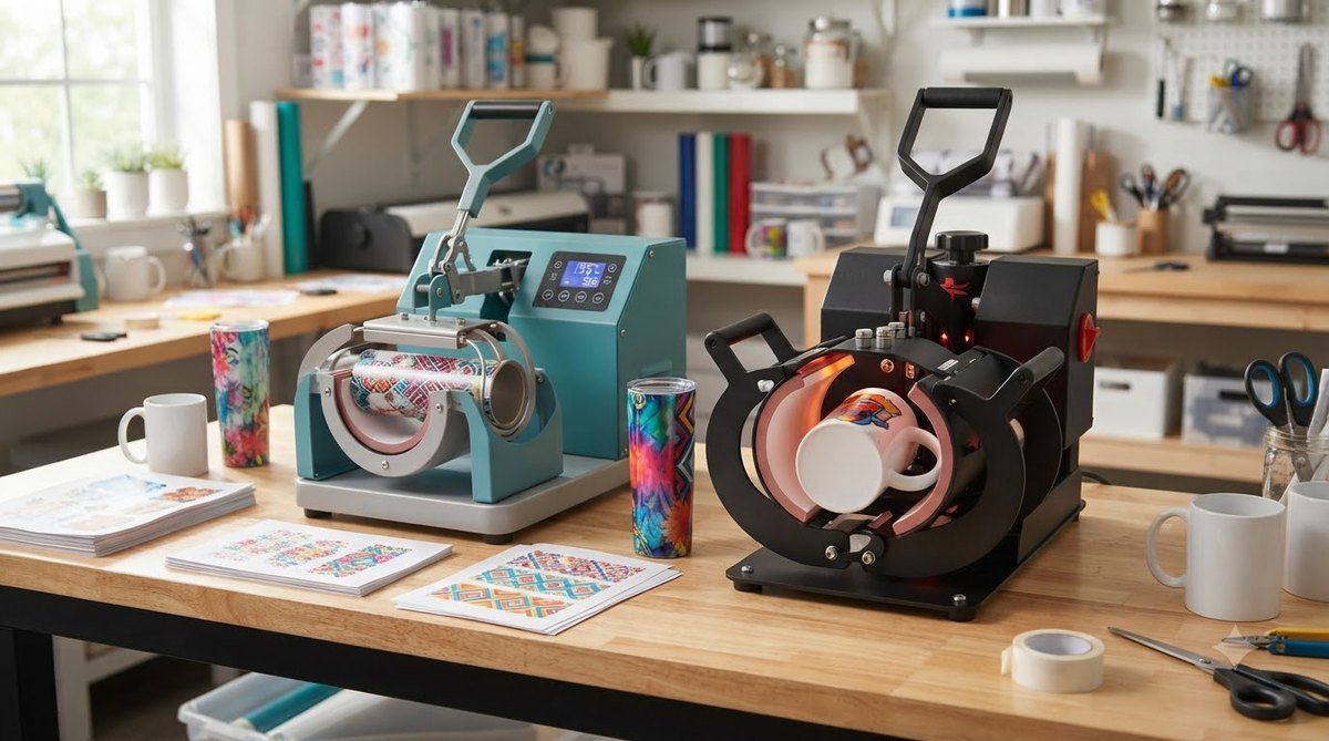 Tumbler press and mug press with sublimated drinkware on a workbench